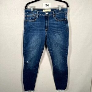 Gap 1969 Jeans Women 12 Blue Denim Beaded Frayed Hem True Skinny Ankle Whiskers